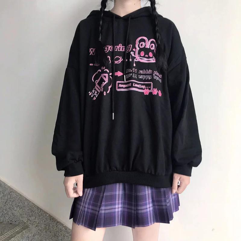 Sweatshirts Anime Hoodies Pink Cartoon Printed Hooded Tops Black Fashion Streetwear Fall Winter Pullover Hoodies Loose Harajuku Hip Hop Sweatshirt