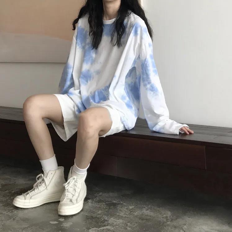 Summer T-Shirt Tie dye Women Soft Loose Fresh Casual Natural Fall Long Sleeve Basic Tee Pullover