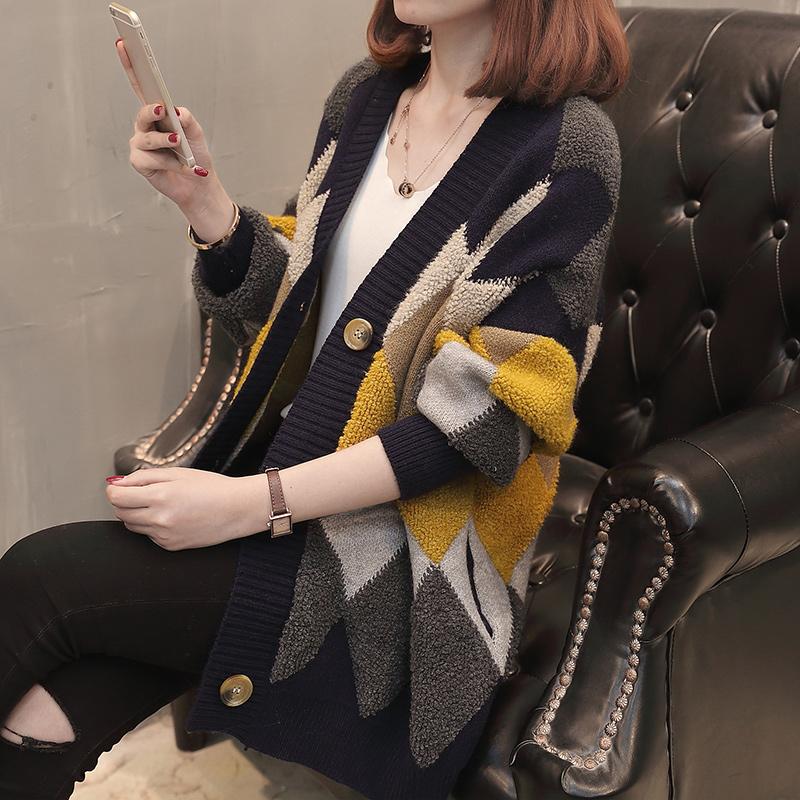 Cardigan Sweater Loose Knitted Coat Long Sleeve Color Matching Shirt Women's Thick Sweater Women