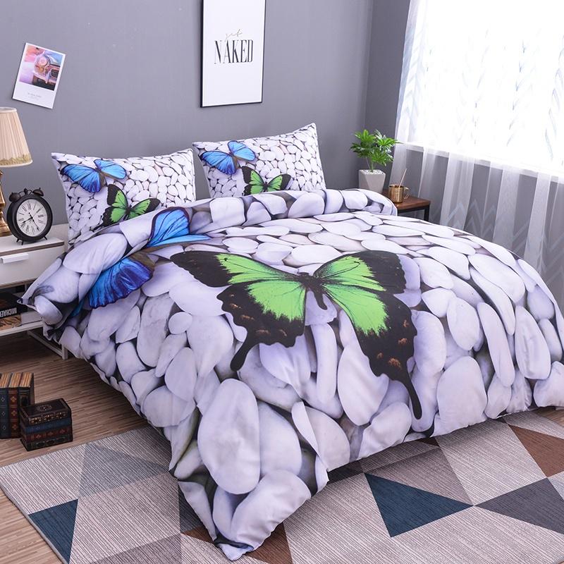WTEMPO 3D Butterfly Bedding Sets Summer Holiday Style Cobblestone Design Duvet Cover Pillowcase 2/3P