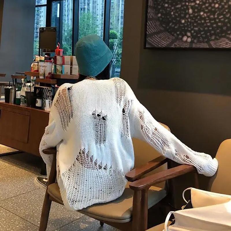 Sweater Women Gothic Punk Hole Oversized Streetwear Harajuku Sweaters Hollow Out Knitwear Jumper Pullover Trending Sweater