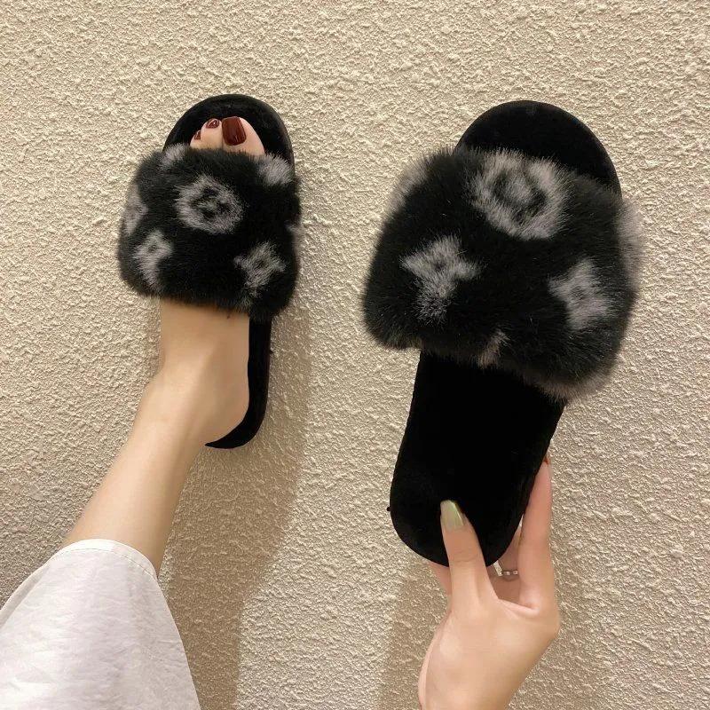 Slippers for Women Winter Fur Cotton Slides Open Toe Luxury Designer Indoor Soft Lady Slippers Shoes Leopard Sexy Female Winter Slipper Plus Size