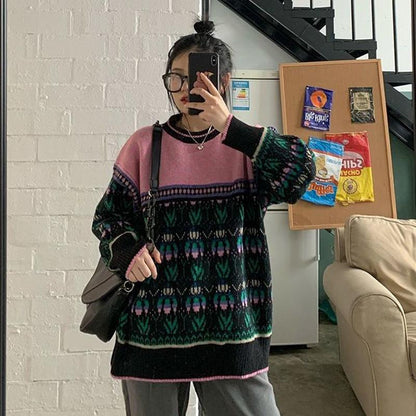 Autumn Winter  Women Fashion Sweater Casual Knitting Sweater Retro Print Round Neck Pullovers Loose Casual Long Sleeve Sweater