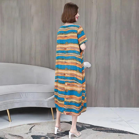 Women's Dress Loose Large Size Fat MM Dress Covering Belly Was Thin Striped Mid-length Skirt O-neck Short-sleeved Long Casual Loose Dress
