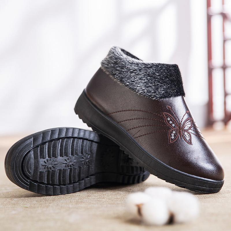 Women's Winter Warmth Velvet Leather Cotton Shoes Middle-aged Elderly Thick Shoes Oil-proof Waterproof Non-slip Mother's Booties High-top Cotton Shoes