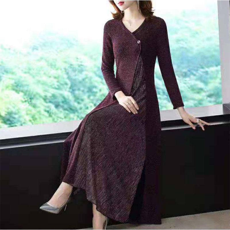 Temperament High-end Fake Two-piece Slim Waist Slim Plus Size Dress Cheongsam Long-sleeved Split Long Skirt Sequins