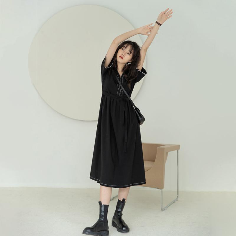 Deep V Neck Summer Dress Sundress Short Sleeve A-Line Ladies Midi Dress Fashion Casual Beach Ol Black Dress for Women