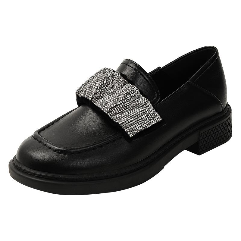 British Style Small Leather Shoes College Style Sparkling Rhinestone Single Shoes Women Square Toe Platform Shoes