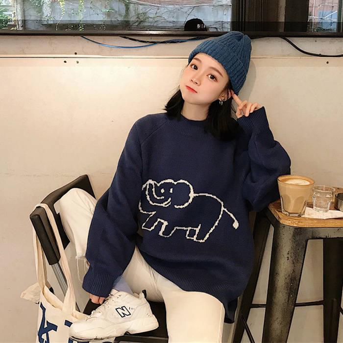 Pofulove Autumn Winter Round Neck Sweater female Loose Wild  Cartoon Pattern Knitted Thin Sweater