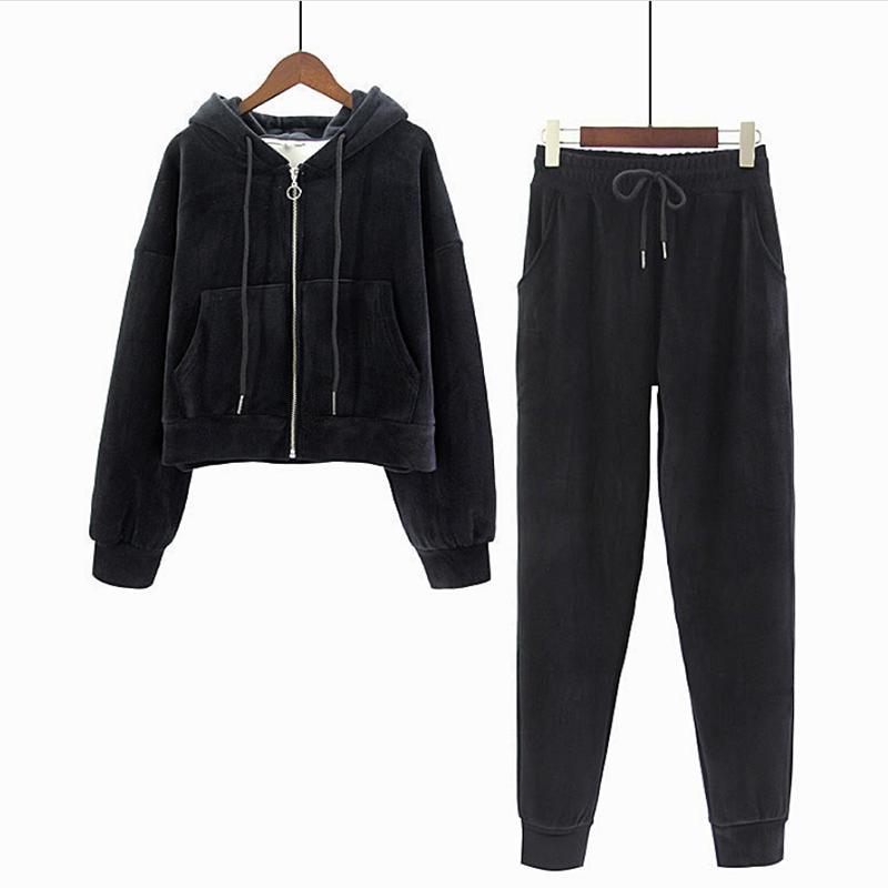 Zipper Hooded Jacket Sweater Women's Suit Spring and Autumn Plus Velvet Thickening Sports and Leisure Two-piece Trend