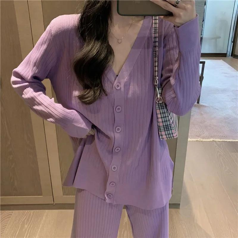 2PCS Women's Solid Color Suit Autumn and Winter Knitted V-neck Cardigan Jacket + Casual Straight Wide Leg Pants Two-piece Suit Loose Casual Sets