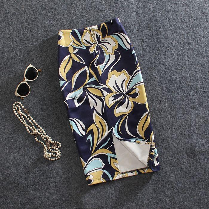 Women Sexy Tight A-line High Waist Printed Hip Skirt Short Skirt Knee-length Split Fork Club Casual Home Office