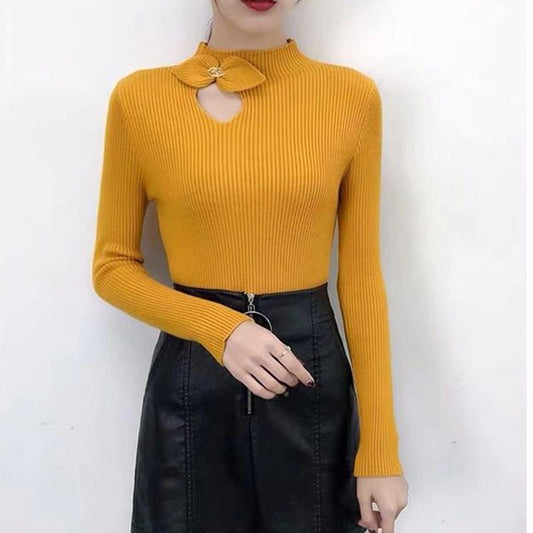 Autumn Bowknot Hollow Knitwear Women Half Turtleneck Slim Pullover Long Sleeve Bottoming Shirt