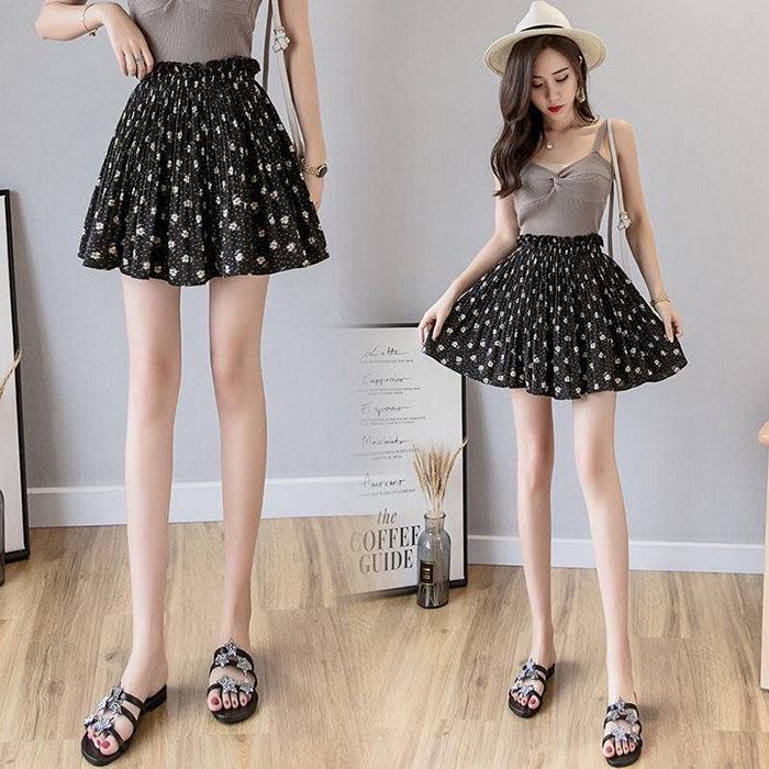 Pofulove Women Pleated Chiffon Skirt High Waist Slim Floral Package Hip Skirts Mini A-line Skirt