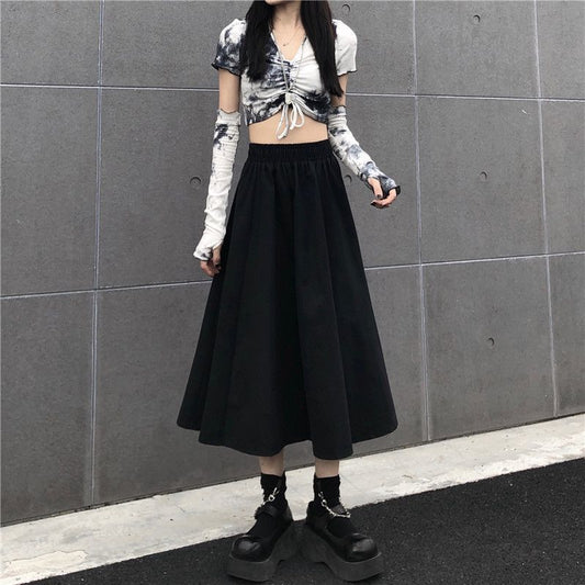 Women Spring Summer Simple High Waist Short Casual Skirt Elastic Waist Solid Color Slim Streetwear A-line Long Skirt