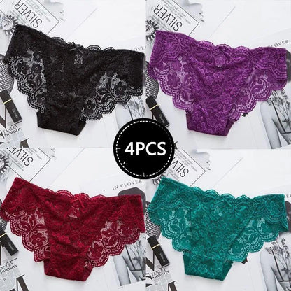 4PCS Ladies Lace Panties Sexy Charming Hollow Low Waist Briefs Seamless Cotton Crotch Girls Triangle Shorts Transparent Underwear