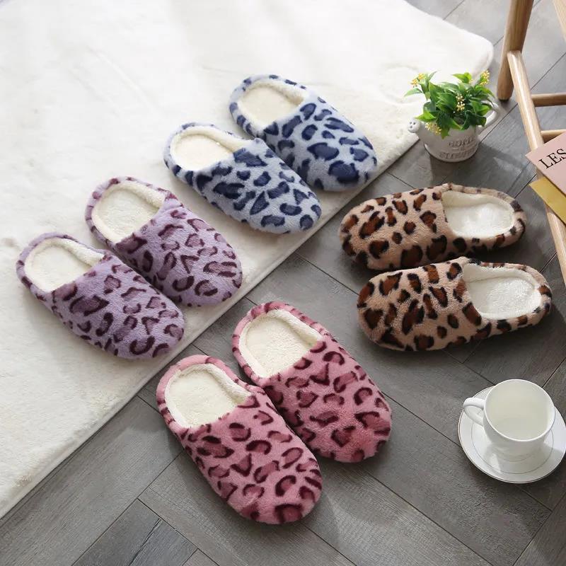 Women Autumn Winter Indoor Slippers Warm Plush Home Leopard Print Slipper Female Household Flat Floor Soft Slient Slippers for Bedroom