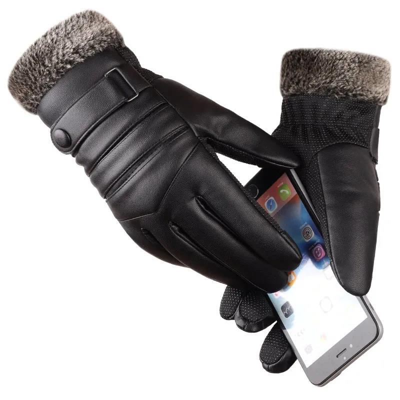 Men's Winter Cycling Gloves Leather Waterproof Touch Screen Gloves Thickened Plus Velvet Gloves