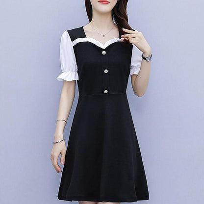 Women's High-elastic Short-sleeved Summer Fake Two-piece Waist Large Size Temperament Dress