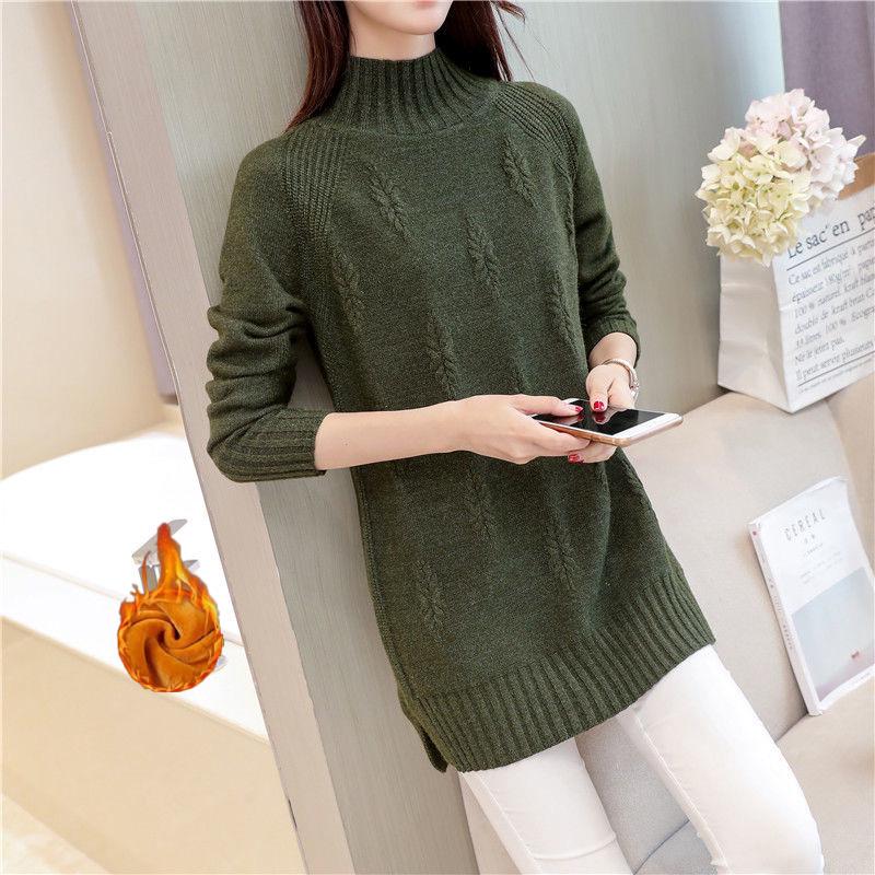 Autumn and Winter Plus Velvet Sweater Mid-length Loose Half-high Collar Large Size Base Shirt Jacket