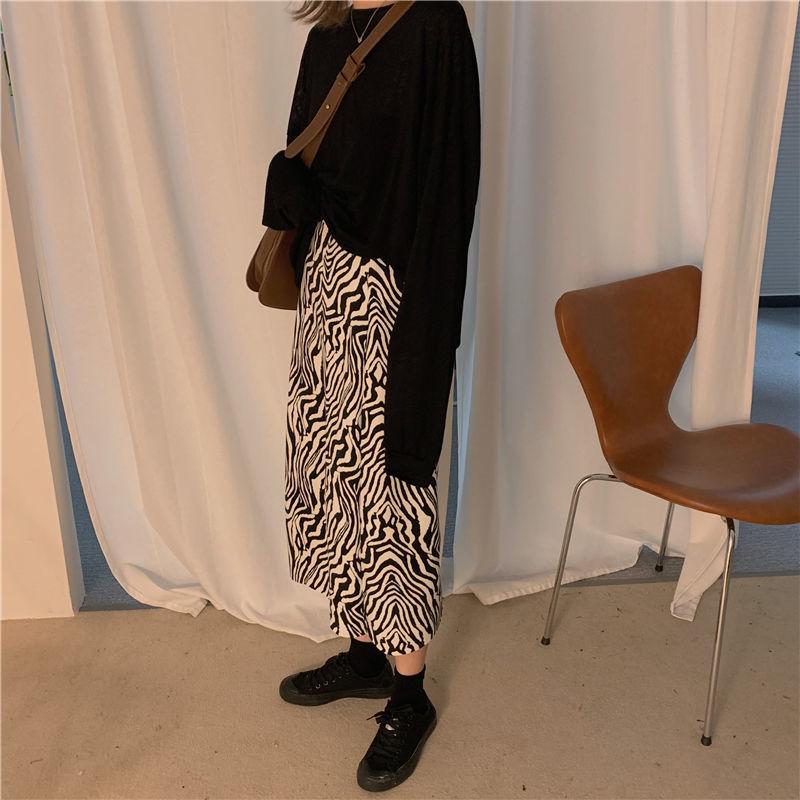 Retro Zebra Patter Skirt Female Spring and Autumn All-match Temperament High Waist Split A-line Skirt Mid-length