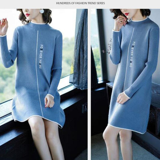 Thicken Turtleneck Sweater Dress Women's Fall/Winter Large Size Loose Letter Printed Pullover Sweater Knit Dress