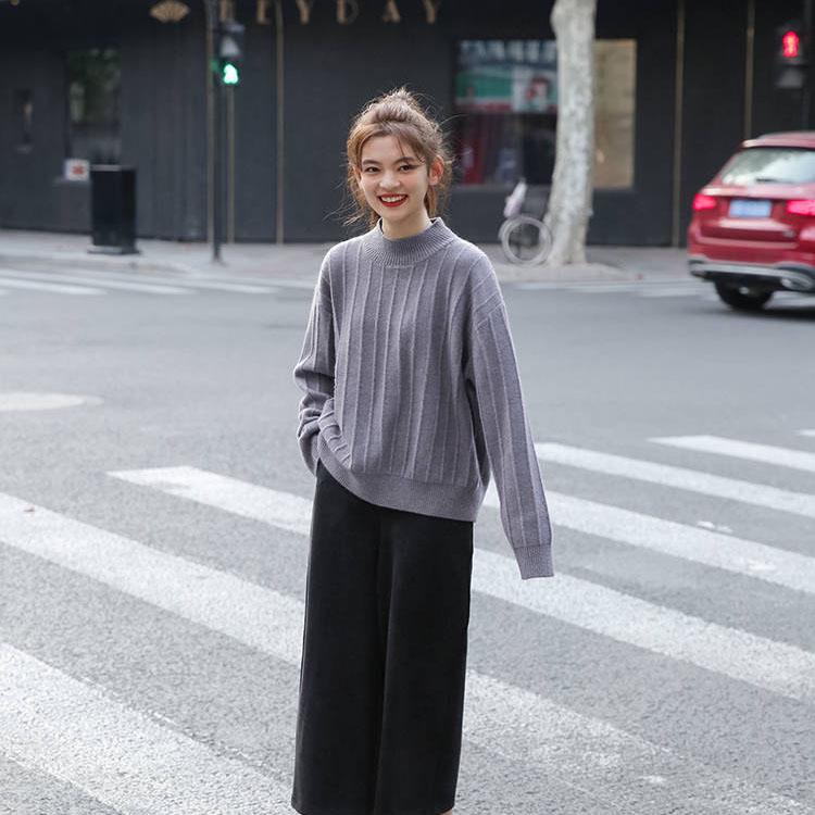 Autumn Winter Solid Color Loose Pullover Sweater Thick Women Half Turtleneck Base Sweater