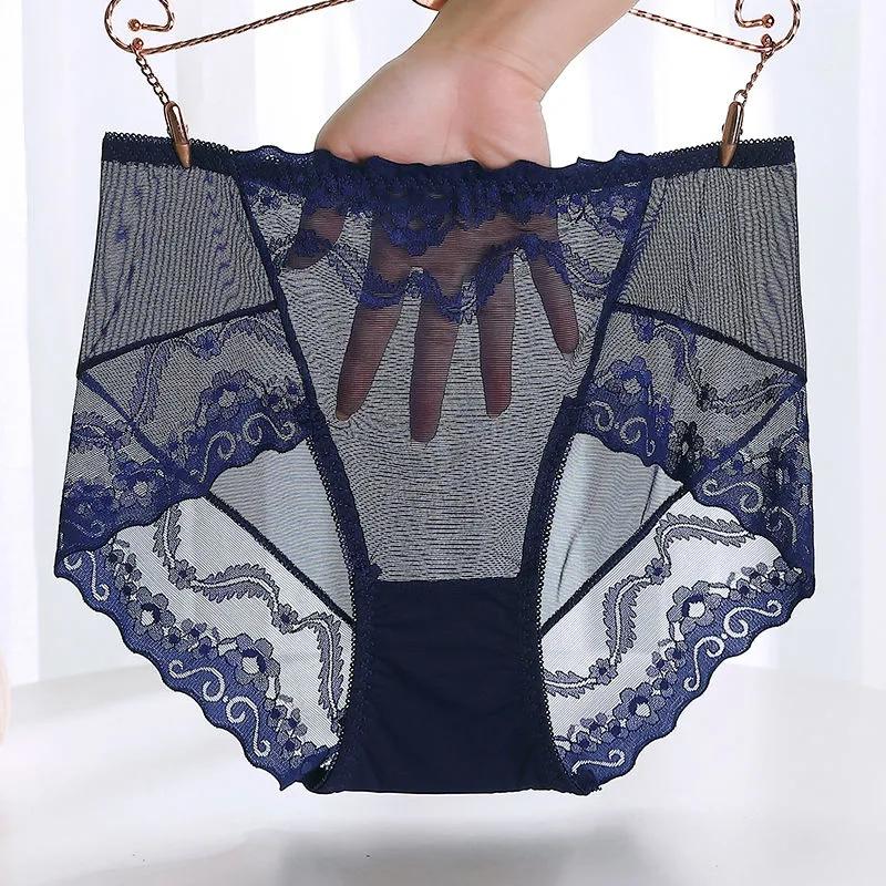 Black Plus Size Mid High Waist Panties Ladies Sexy Lace Mesh Seamless Transparent Ladies Briefs Transparent Hollow Out Panties