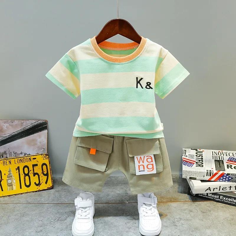 Boys Summer Suit Children's Clothes Striped Embroidered Printing Cute Casual Boy Baby Short-sleeved Shorts Two-piece Set