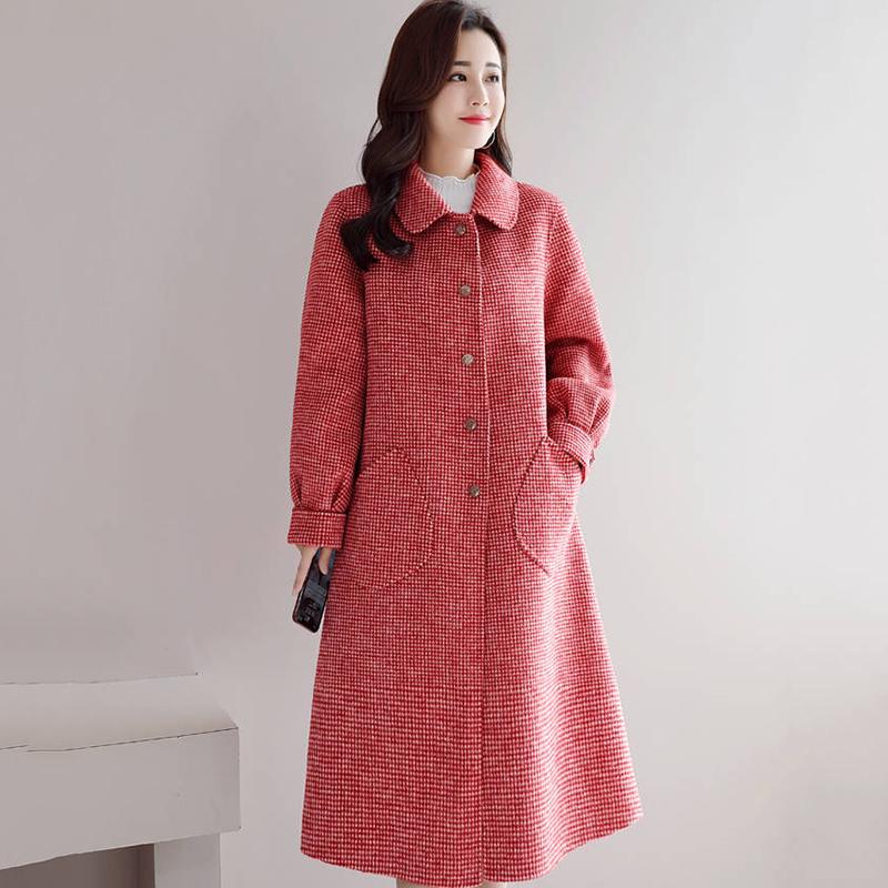 Winter Autumn Coat Women Wool Jacket Long Plaid Coats Blend Woolen Warm Outerwear Christmas Clothing