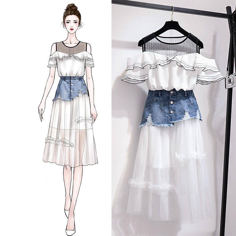 Women Skirt Set Off-shoulder Blouse Denim Stitched Mesh Skirt Two-piece Set for Party