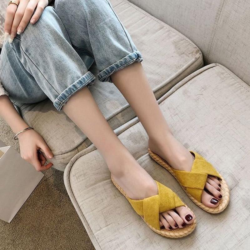 Women Home Summer Sandals Slippers Ladies Bohemia Linen Indoor Floor Shoes Cross Belt Silent Slippers