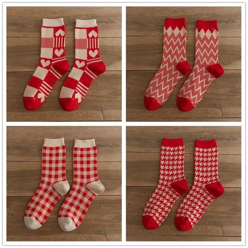 Winter Ladies Red Socks In Tube Warm Cotton Printed Socks Christmas Socks Gifts
