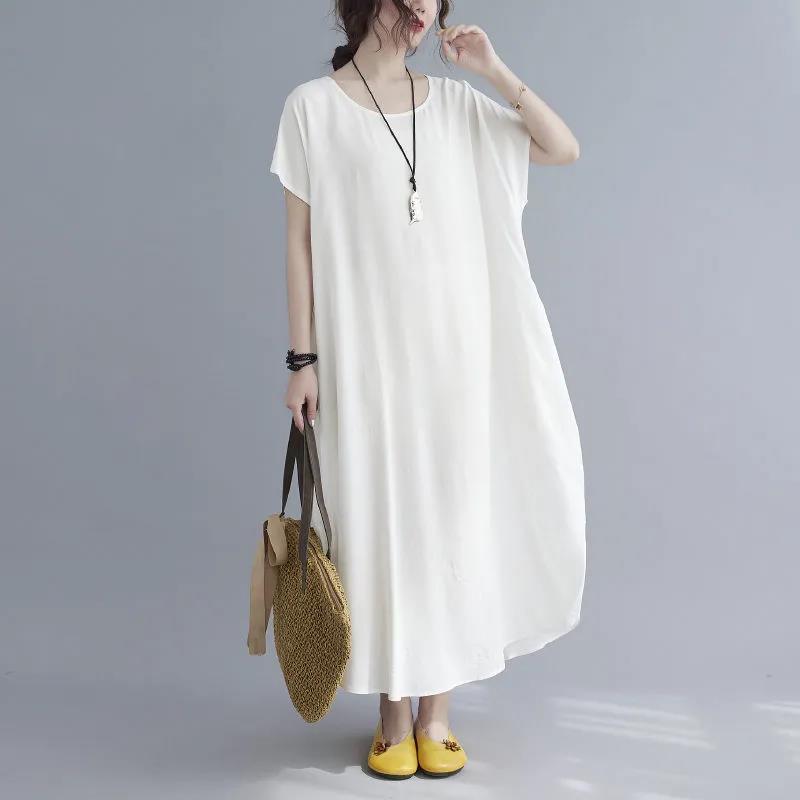 Simple Style Summer Polyester-cotton Sleeveless Dress Plus Size Women's Retro Solid Color Slim Long Dress Loose Robe