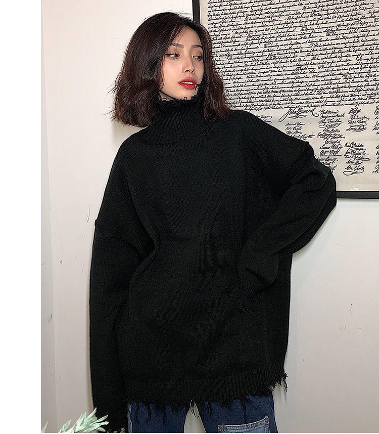 Solid Color Turtleneck Sweater Girl Student Loose Retro Irregular Torn Edge Sweater