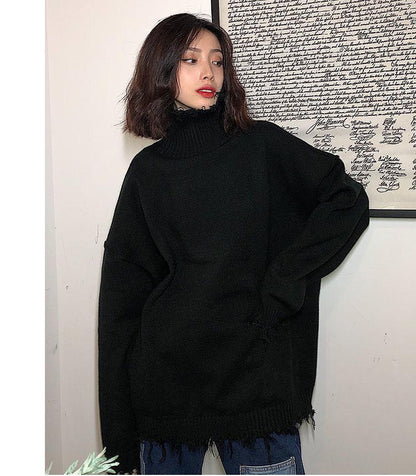Solid Color Turtleneck Sweater Girl Student Loose Retro Irregular Torn Edge Sweater