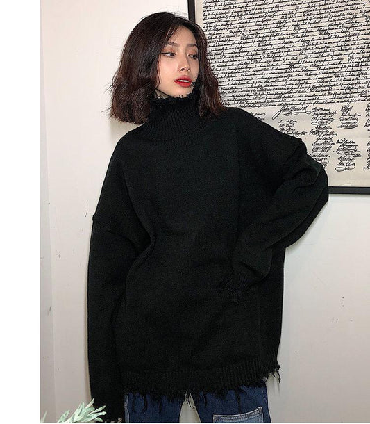 Solid Color Turtleneck Sweater Girl Student Loose Retro Irregular Torn Edge Sweater