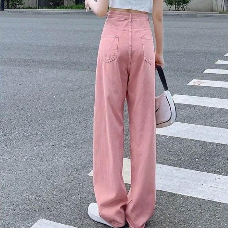 High Waist Leaps Jeans Female Loose Thin Four-color Straight Mop Pants