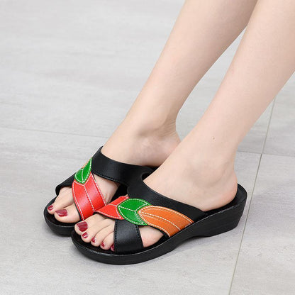 Thick Bottom Wedge Heel Sandals and Slippers Women's Outer Wear Non-slip Soft Sole Slippers Ladies Faux Oxford Leather Sandals and Slippers