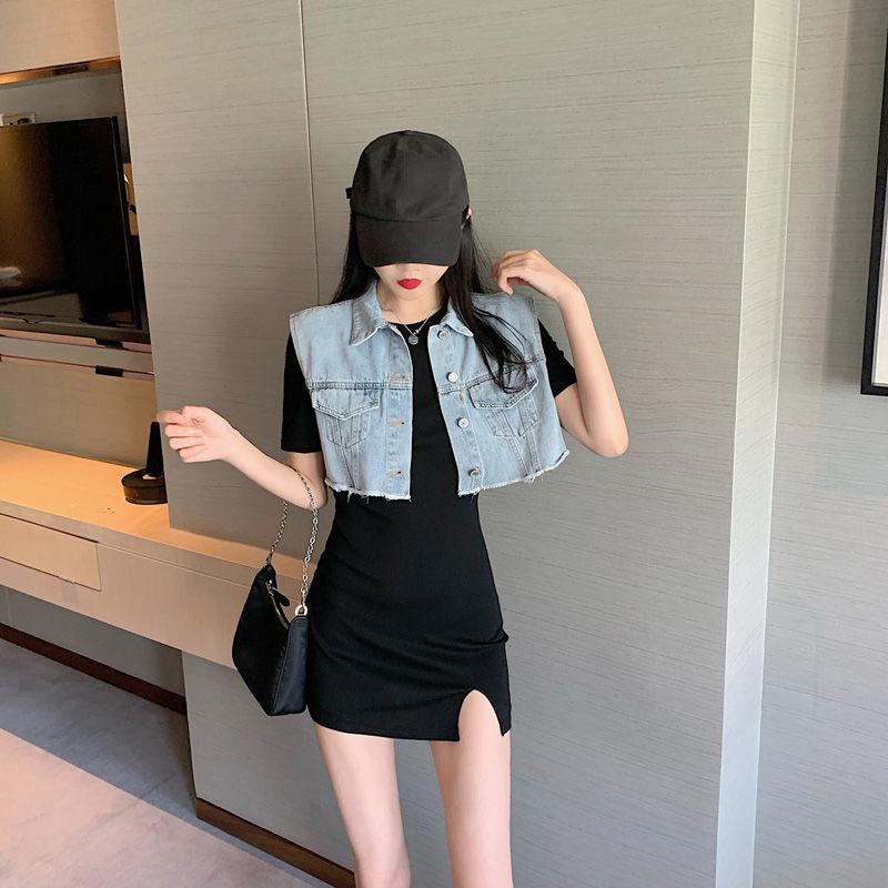 2 Pieces Ladies Dress Suits Spring and Summer Cowboy Vest Short Wild Waistcoat Short Sleeve Black Sexy Tight Dress
