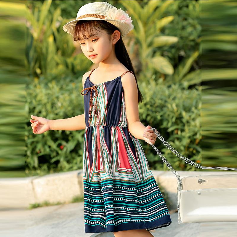 Children's Dress Girl's Suspender Dress Korean Version of Printed Sleeveless Striped Dress Backless Beach Dress Ethnic Style Bra skirt