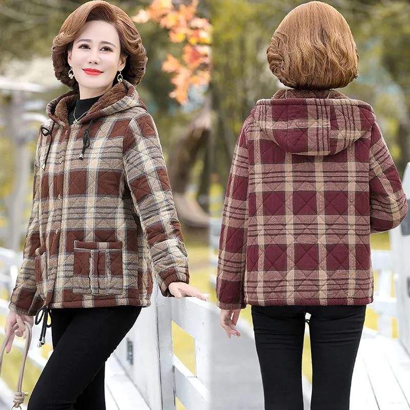 Winter Plus Velvet Cotton Jacket Women's Plaid Short Hooded Cotton Jacket Suitable for Middle-aged Women