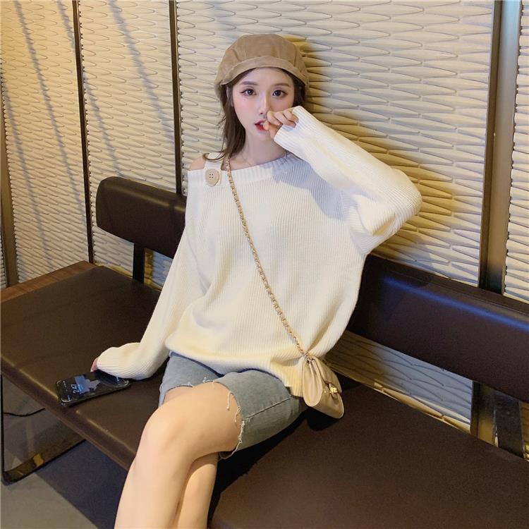 Sweater Women Loose Outer Wear Gentle Temperament Off-shoulder Long-sleeved Solid Color Pullover Sweater Top