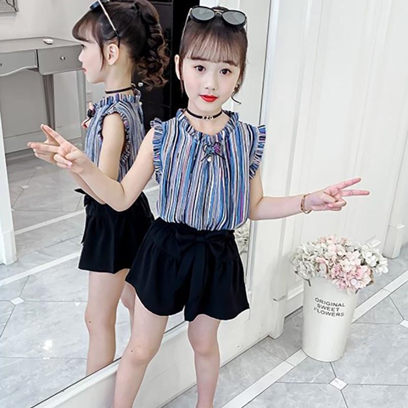2PCS Children Clothing Set Spring Summer Girls Suits Printing Sleeveless Stripe Tops + Pants Clothing Set