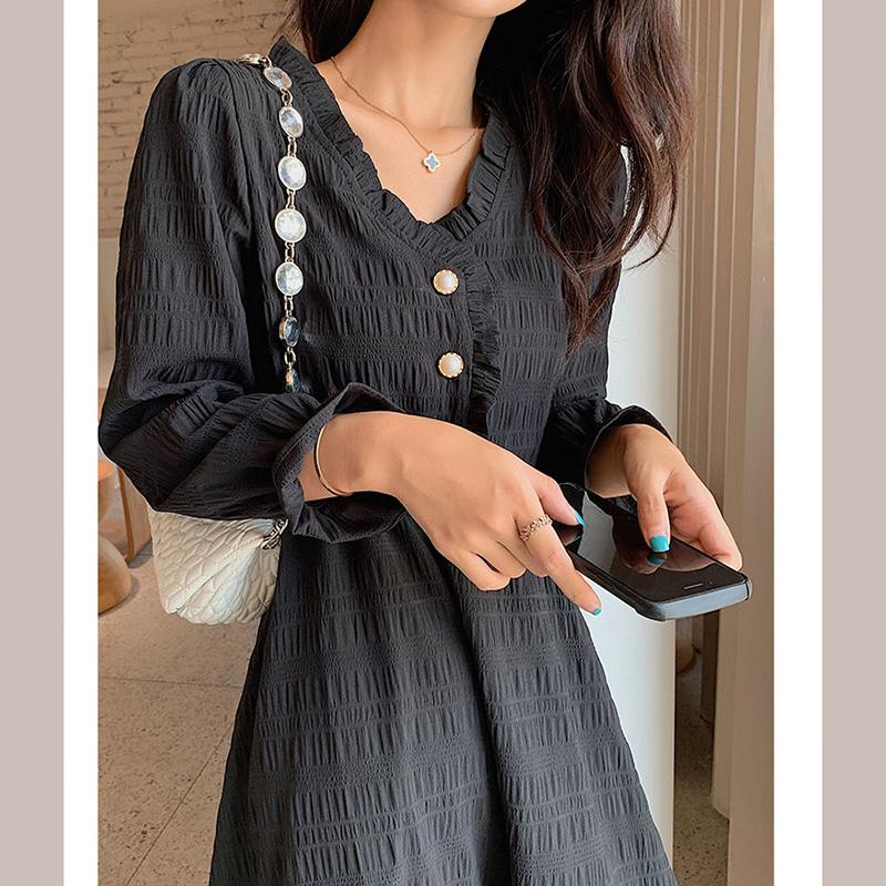 Lace Ruffle Cute Sweet Well-behaved Girl Solid Color Long A-shaped Skirt Age Reduction Long Sleeve Pearl V-neck Dress