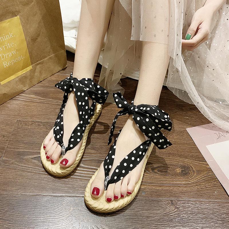 Sandals Female Summer Korean Student Flat Sandals Roman Sandals Thick Bottom Beach Lace-up Shoes