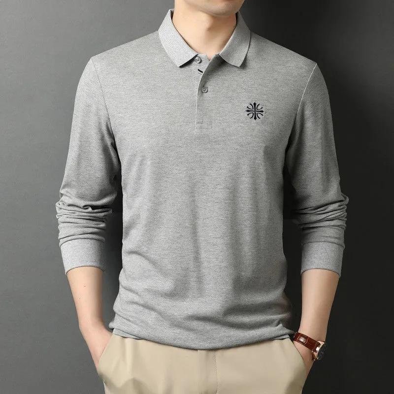 Men's Embroidered Top Long Sleeve Polo Shirt Spring and Autumn Thin Lapel T-Shirt Loose Solid Color All Match Casual Bottom Polo Shirt