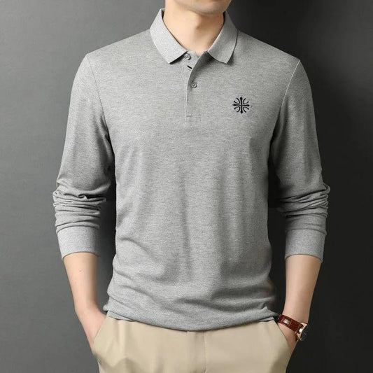 Men's Embroidered Top Long Sleeve Polo Shirt Spring and Autumn Thin Lapel T-Shirt Loose Solid Color All Match Casual Bottom Polo Shirt