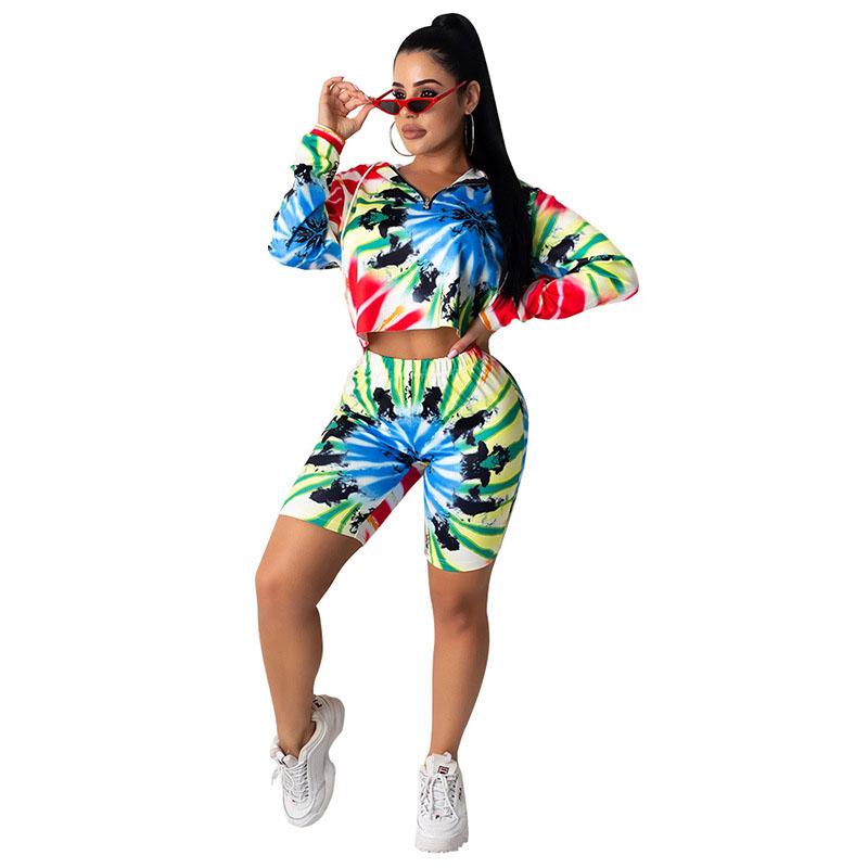 2PCS Women's Tie-Dye Hoodie Casual Home Sports Shorts Set Women's Fitness Set Girl's Gym Running Fitness Athletic Clothing Sets