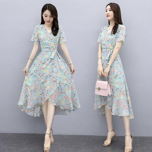 Chiffon Dress Feminine Temperament Elegant Waist Thin French Floral Long Skirt Can Be Belted Slimming Thin Ladies Chiffon Dress